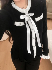 DAZY 女款拼色休閒百搭日常外出開襟衫 秋季 - 黑色 - 查看 5