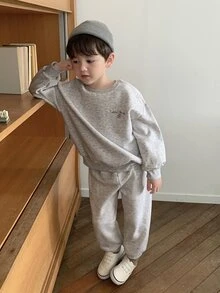 Dazy Kids Young Boy Gray Floral Embroidered Sweatshirt & Sweatpants Set Fall - Light Grey - View 3