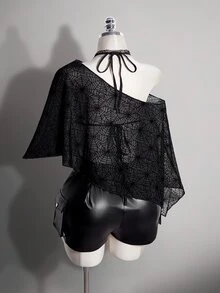 SHEIN ICON 大尺碼雪紡外套與三角杯繫帶背心女款兩件套 - 黑色 - 查看 8