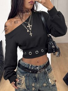 Coolane 女款秋季街頭風 Grunge 休閒 90年代 外出日常日穿 基本款露肩短版長袖黑色金屬孔眼抽繩衛衣 - 黑色 - 查看 1