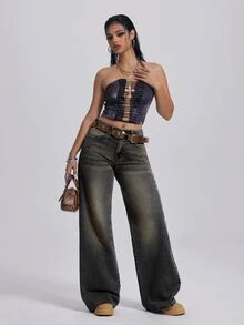 INAWLY Women's Casual Washed Straight Leg Jeans - Black - View 3