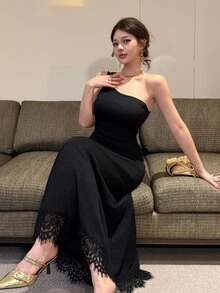 DAZY Gaun Wanita Polos Tanpa Lengan dengan Hiasan Logam dan Renda di Bagian Bawah, Panjang Sedang, Cocok untuk Musim Gugur. - Hitam - View 5
