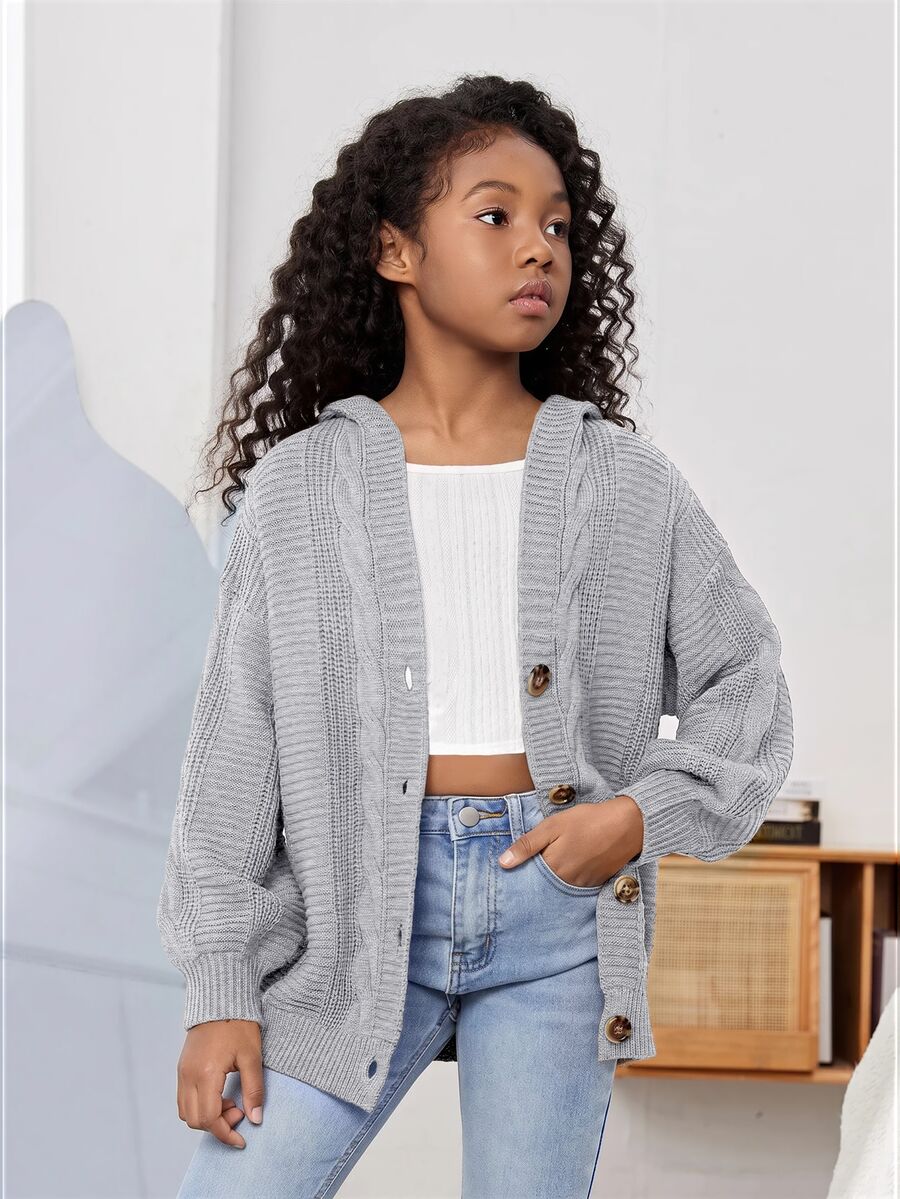 SHEIN 青少年女孩秋冬休閒純色連帽開襟羊毛衫 - 灰色 - 查看 1