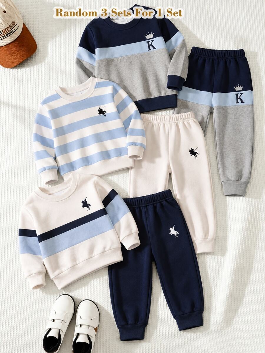 Baby Boy Round Neck Casual Comfortable Set, Simple Design Suitable For All Seasons - Multicolor - View 1