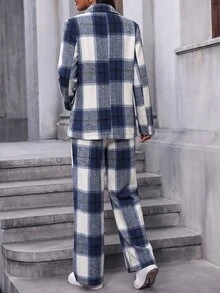 SHEIN 女款格紋長袖夾克與長褲休閒通勤套裝 - 彩色 - 查看 3