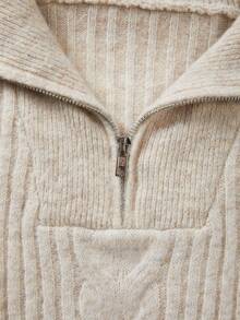SHEIN Half Zip Collar Cable Knit Sweater Women, Loose Casual Ribbed Knitted Pullover, - Apricot - View 8