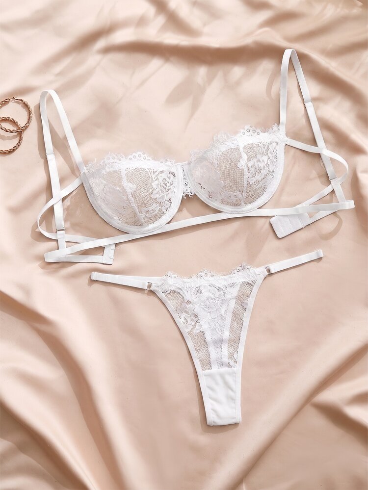 Charlaine French Vintage Eyelash Lace Sheer Lingerie Set, 2-Piece Lingerie Set For Urban Women Seeking Exquisite Style And Self-Pleasure Experience - White - View 1