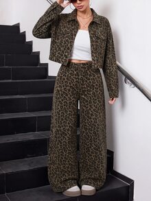 SHEIN 青少年女孩豹紋夾克與牛仔褲套裝 - 棕色 - 查看 1