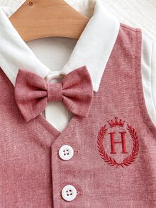 新生兒男嬰 3件組大學風可愛休閒背心、長褲、蝴蝶結連身衣套裝 - 粉色 - 查看 4