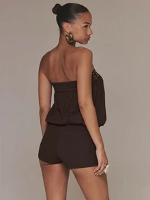 MUSERA Jumpsuit Unitard Hitam Bertabur Stud, Model Bandeau Bardot, Musim Semi/Musim Panas, Liburan, Gaya Boho, Ibiza, Elegan - Coffee Brown - View 2