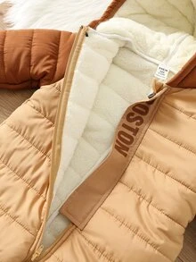 SHEIN 中性新生兒嬰兒男/女童、幼兒秋冬保暖內裡加厚可愛拼色連帽連身雪衣，冬季連身褲 - 棕色 - 查看 6