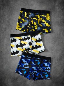 BATMAN X SHEIN 3pcs/Set Celana Dalam Boxer Anak Laki-Laki Balita Motif Digital Bahan Poliester Spandex 4-7 Tahun - Hitam - View 3