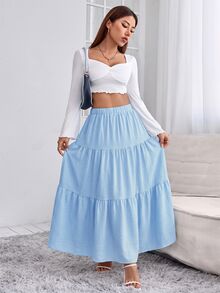 SHEIN PETITE 女款素色百褶休閒百搭日常穿著裙 - 淺藍色 - 查看 4
