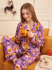 Provexi Provexi Women's Cartoon Print Long Sleeve Top And Pants Casual Daily Home Pajama Set - Multicolor - View 5