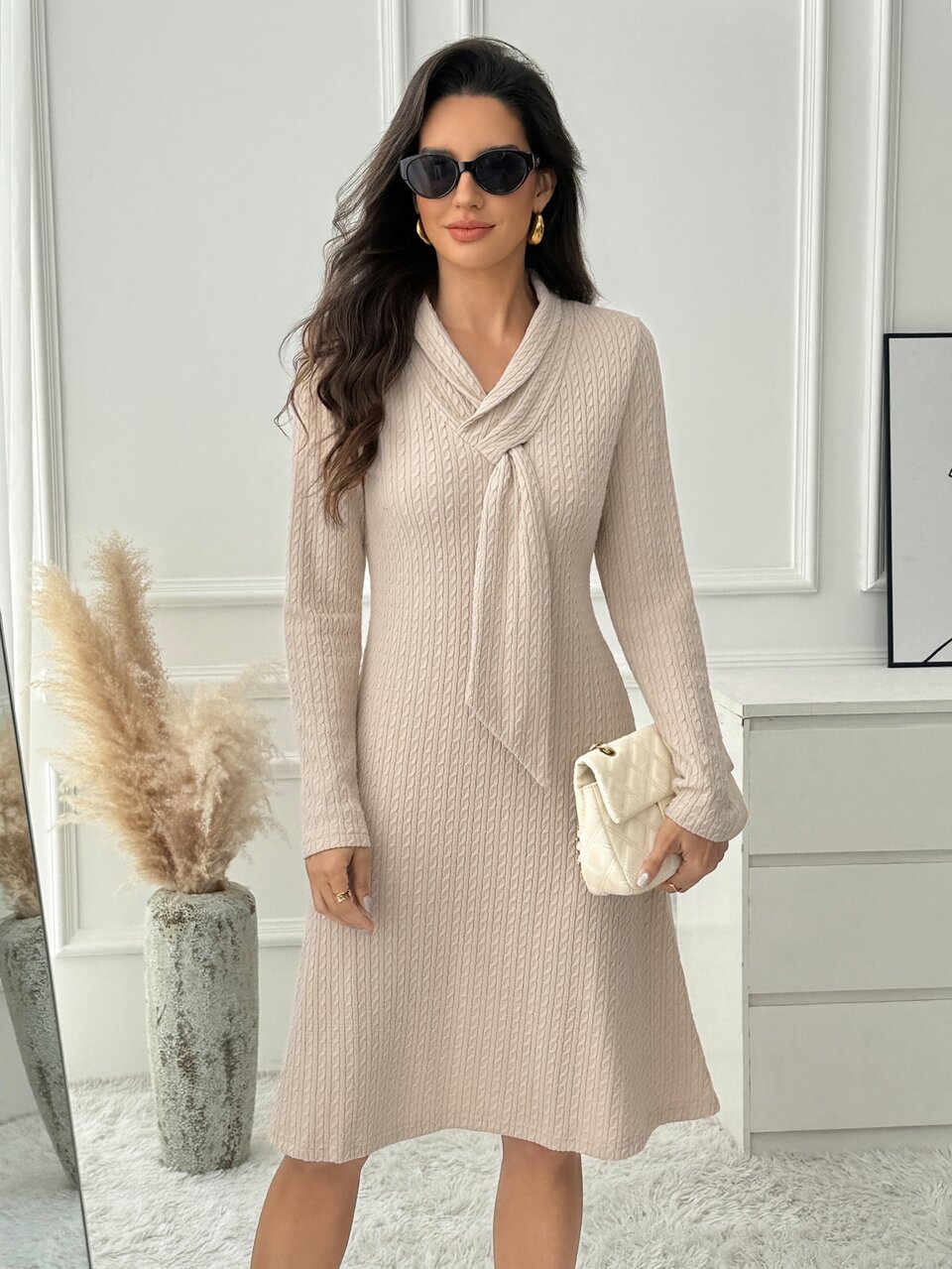 Women's Solid Color Textured Long Sleeve Elegant Dress