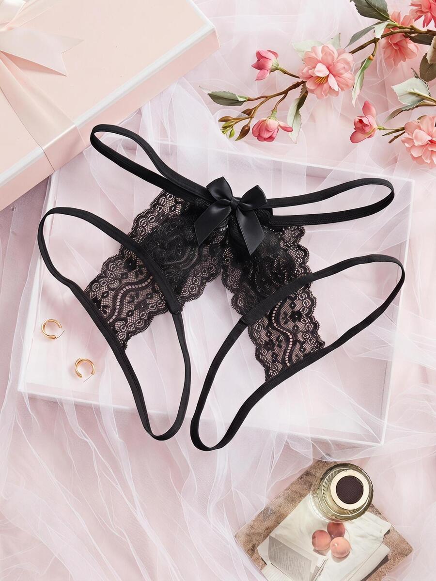 Spicy Aura 1pc Women's Lace Bow Open Crotch Panties - Black - View 1