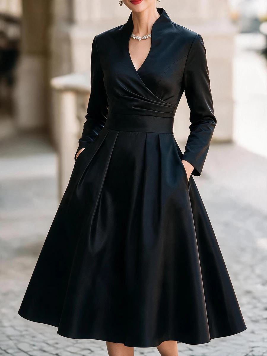 SHEIN Vintage Elegant Daily Commute Banquet Notched V-Neck Cinched Waist Long Sleeve Satin Midi Dress For Women