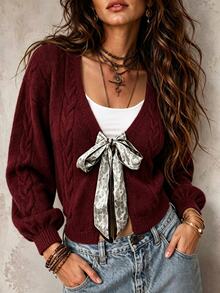 SHEIN Women's V-Neck Twisted Rope Shoulder Paisley Ribbon Tie Long Sleeve Cardigan Sweater - Burgundy - View 8
