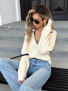 SHEIN New Autumn/Winter Long Sleeve Turn-Down Collar Women's Knit Sweater - Apricot - View 6