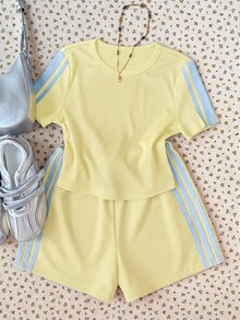 SHEIN 青少年女孩休閒對比粉色膠帶飾邊鞋 - 黃色 - 查看 3