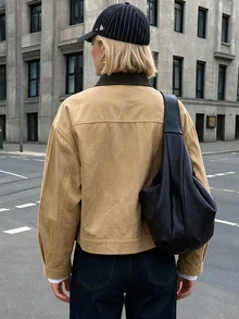 Struktiv Tan Washed Canvas Oversized Jacket Women Contrast Collar Zip Up Work Coat - Khaki - View 2