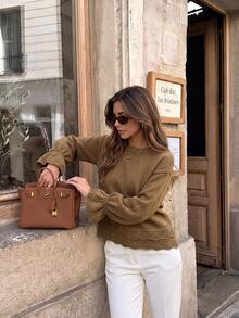 Muvela Women's Brown Scalloped Hem Sweater Pointelle Open Knit Bell Sleeve Flared Cuff Ribbed CrewNeckDropShoulderLooseFit ElegantPulloverKnitwearfall/Winter - Brown - View 5