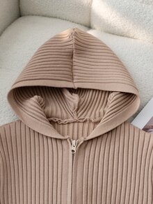 Tween Girl Solid Color Long Sleeve Zip-Up Casual Hooded Cardigan - Khaki - View 3