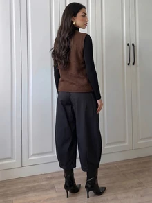 Elenzga كارديجان سترة نسائية بلون موحد مع تصميم أزرار على شكل ضفدع - بني - مشاهدة 2