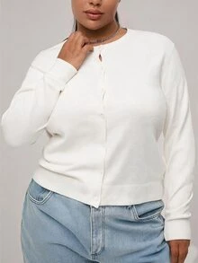 SHEIN BASICS Plain Casual Long Sleeve Plus Size Cardigan In Fall Winter Clothes - White - View 1