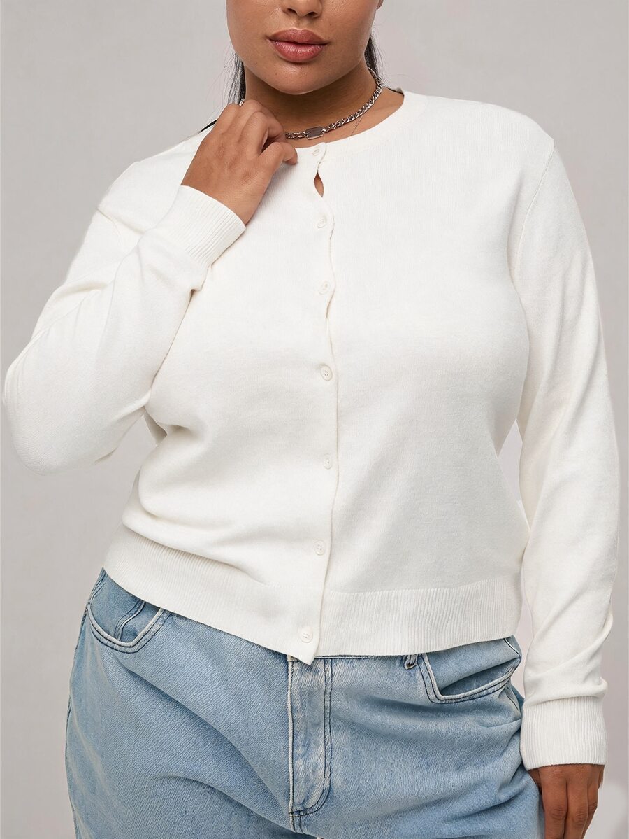 SHEIN BASICS Plain Casual Long Sleeve Plus Size Cardigan In Fall Winter Clothes - White - View 1
