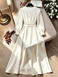 GlowEve Elegant Long Dress With Large Lapel And Belt Wrap For Women's Commute Office Cream White Summer - Beige - View 2