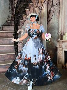 Lyrianda Fashionable Oil Painting Print Waist-Cinching Round Neck Dress Halloween - Multicolor - View 3