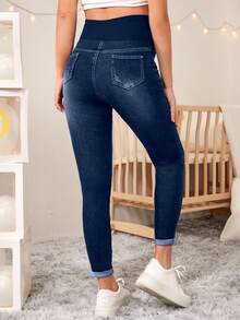 SHEIN 孕婦高腰修身休閒百搭牛仔褲 - 深色水洗藍 - 查看 2