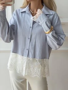 DAZY Women's Dusty Blue Long Sleeve Single-Breasted Casual Shirt Fall Office Everyday - Blue - View 8