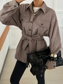 DAZY Women's Plaid Waist Knot Casual Versatile Long Sleeve Jacket Fall - Coffee Brown - View 3