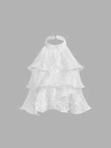 SHEIN MOD Women's 1pc Lace Floral Halter Neck Backless Ruffle Layered Sleeveless White Cute Coquette Top For Women Going Out Party Fall Blouse - White - View 1