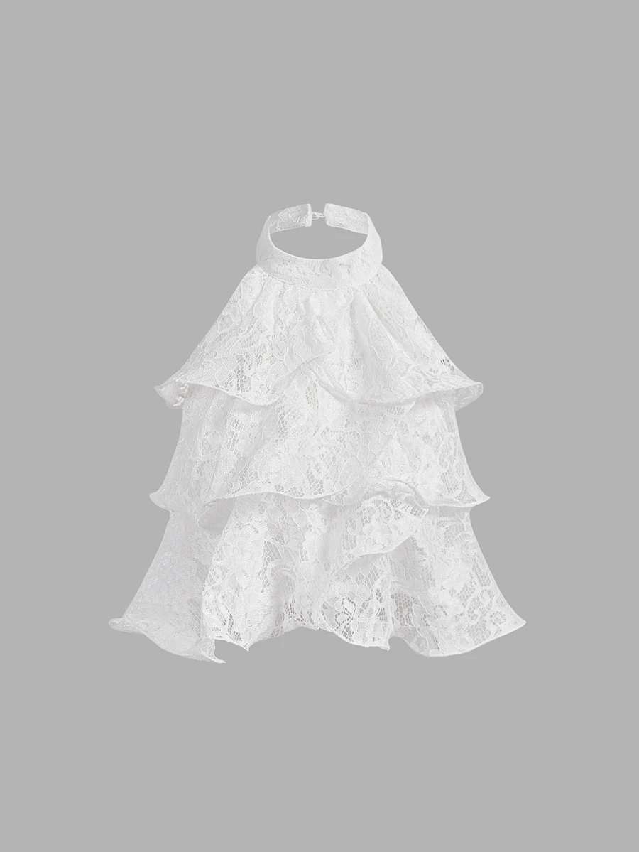 SHEIN MOD Women's 1pc Lace Floral Halter Neck Backless Ruffle Layered Sleeveless White Cute Coquette Top For Women Going Out Party Fall Blouse - White - View 1
