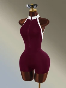 Amplova Women's Colorblock Backless Halter Neck Athletic Romper - Burgundy - View 3