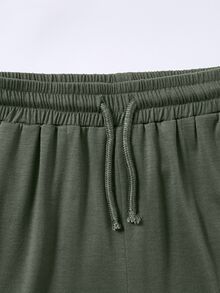 SHEIN 青少年女孩休閒極簡風橄欖綠方領抓皺腰短袖T恤寬鬆長褲套裝，萬聖節、秋季、Y2K、聖誕節 - 綠色 - 查看 6