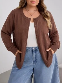 SHEIN CURVE+ 大尺碼休閒純色圓領長袖寬鬆女款黃色針織開襟衫 - 棕色 - 查看 3
