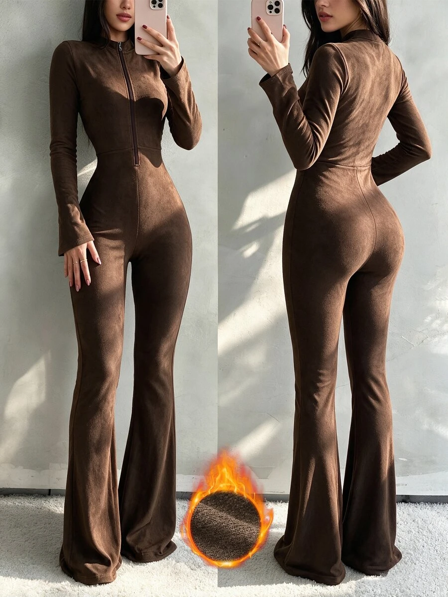 SHEIN Raffinéa جمبسوت خريف/شتاء عالي المرونة أنيق وكاجوال بأكمام واسعة وساق واسعة بتصميم نحيف، قماش ناعم، مناسب للمنزل والاستخدام اليومي والشارع والتصوير والتنقل - بني - مشاهدة 1
