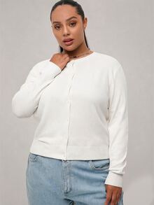SHEIN BASICS Plain Casual Long Sleeve Plus Size Cardigan In Fall Winter Clothes - White - View 3