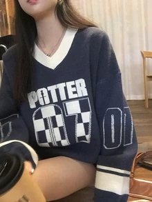 DAZY Women's Casual Letter Pattern Sweater, Autumn/Winter Cute Tops - Navy Blue - View 3