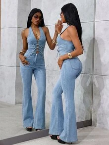 Jeanoix Petite Women's Casual Daily Outing Halter Neck Denim Jumpsuit With Pockets - Light Wash - View 3