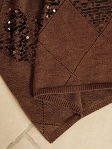 Arave Sweater Rajut Wanita Longgar Motif Argyle dengan Bordir Payet, Kasual Sehari-hari, Warna Polos, Serbaguna, Ukuran Besar, Leher Bulat, Lengan Panjang, Pullover - Coffee Brown - View 8