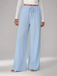 SHEIN Tall Loose Drawstring Waist Trousers In Textured Crinkle Fabric - Sky Blue - View 1