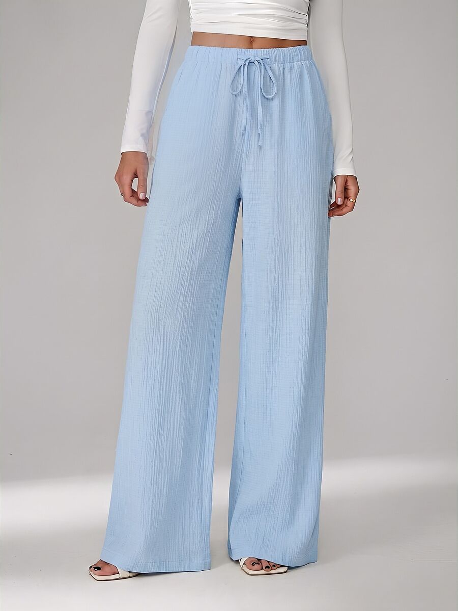 SHEIN Tall Loose Drawstring Waist Trousers In Textured Crinkle Fabric - Sky Blue - View 1