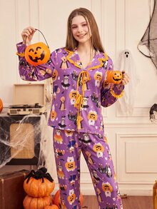 Provexi Provexi Women's Cartoon Print Long Sleeve Top And Pants Casual Daily Home Pajama Set - Multicolor - View 6