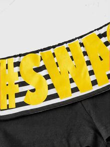 ROMWE Grunge Punk Summer Y2K Slogan Contrast Color Black & Pink Print Striped Fold-Over Waist Mini Super Short Shorts - Yellow - View 3