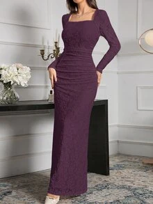 Modelyn 優雅成熟深紫色蕾絲修身長洋裝 女款長版晚禮服 晚餐派對夜間雞尾酒會 秋季 - 紫色 - 查看 5
